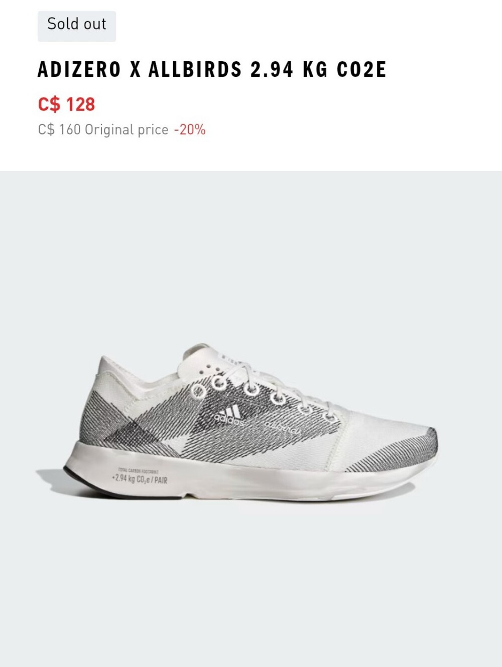 Adidas X Allbirds Adizero Womens 2.94kg Co2e Carbon Black White Running Shoes 6